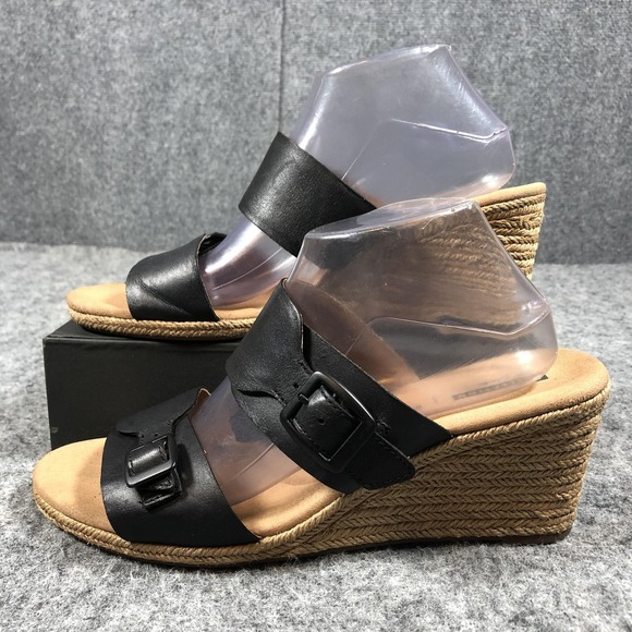 Clarks Sandals Womens 11M Black Leather Espadrille Wedge Buckle Comfort Shoes - Picture 3 of 16